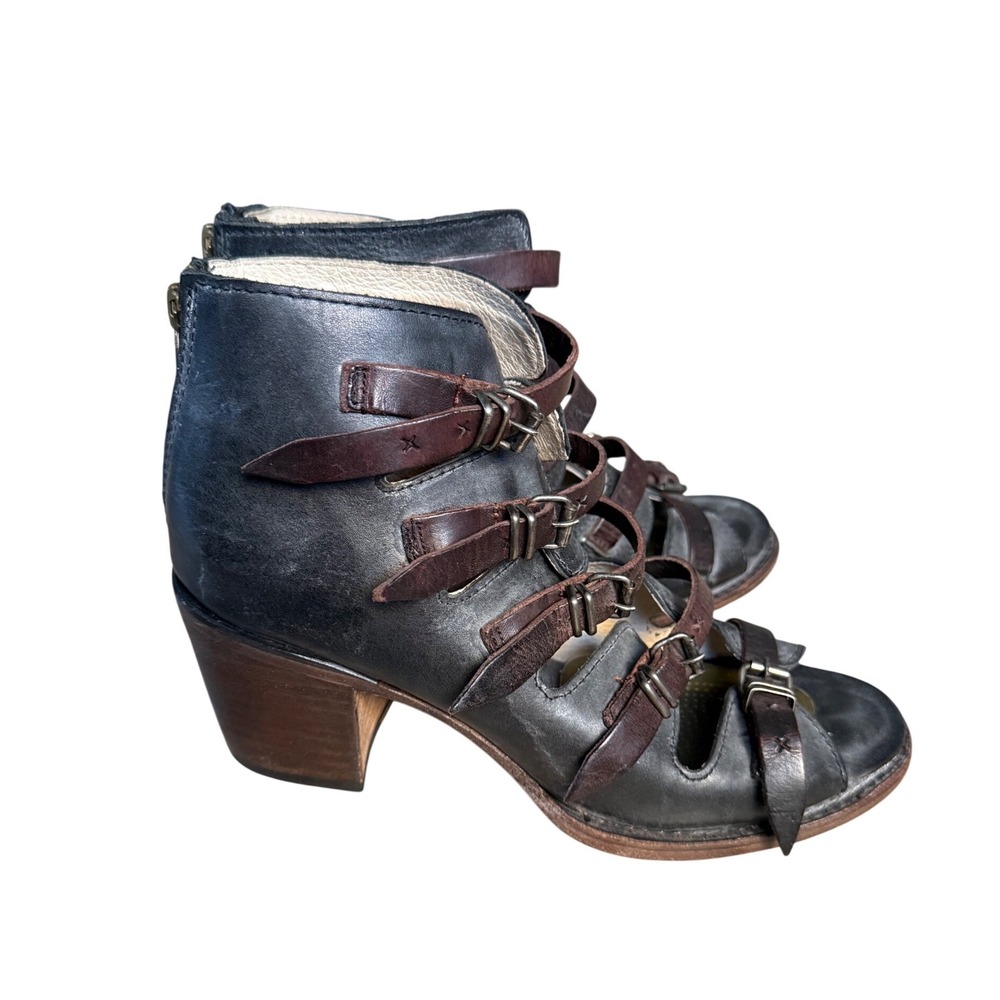 Freebird by Steven Quinn Black Brown Leather Gladiator Buckle Booties Size 7
